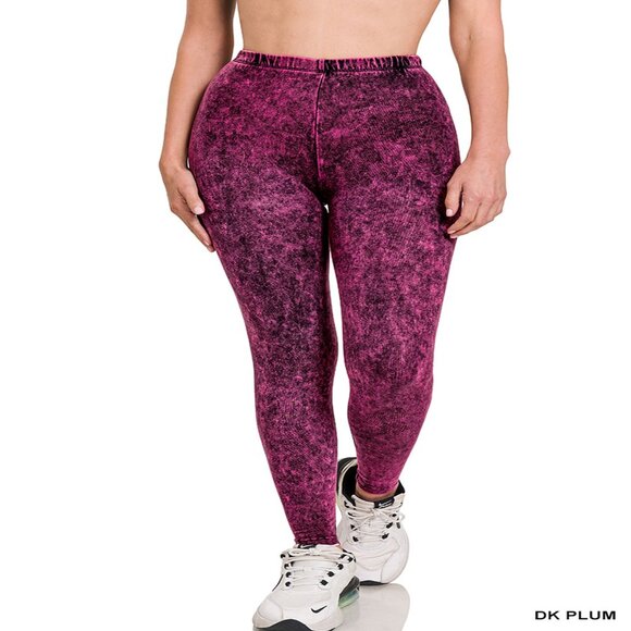 ZENANA MINERAL WASHED FULL-LENGTH YOGA LEGGINGS SIZE S-XL COLOR DK PLUM - Picture 1 of 3